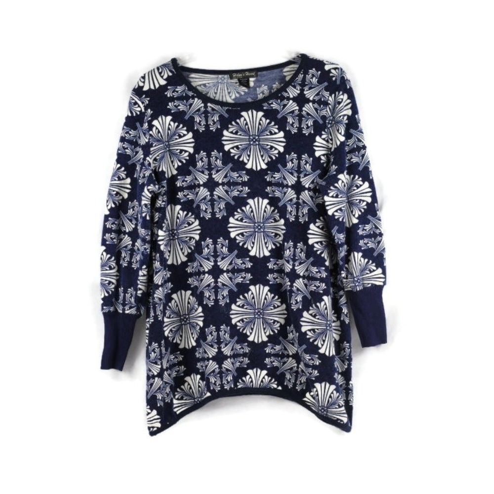 Helen's Heart Blue White Women's Top Blouse Long Sleeve 1X 034